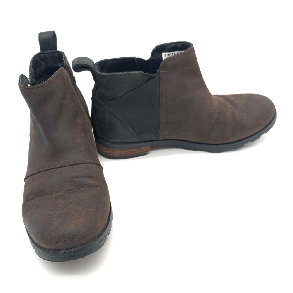 Sorel Emelie Leather Chelsea Boots Womens 8.5 Brown Black Waterproof Ankle
